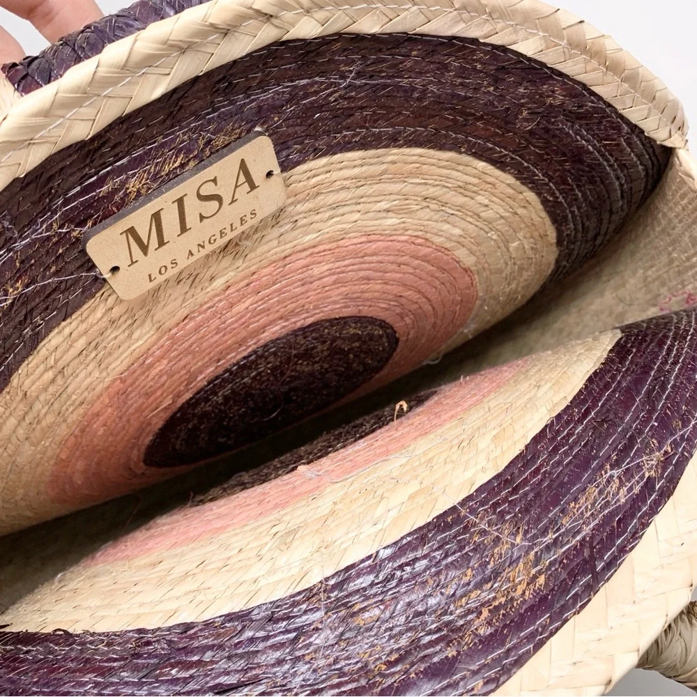 MISA Los Angeles Mykonos Circle Circular Straw Tote Bag Natural Purple Pink